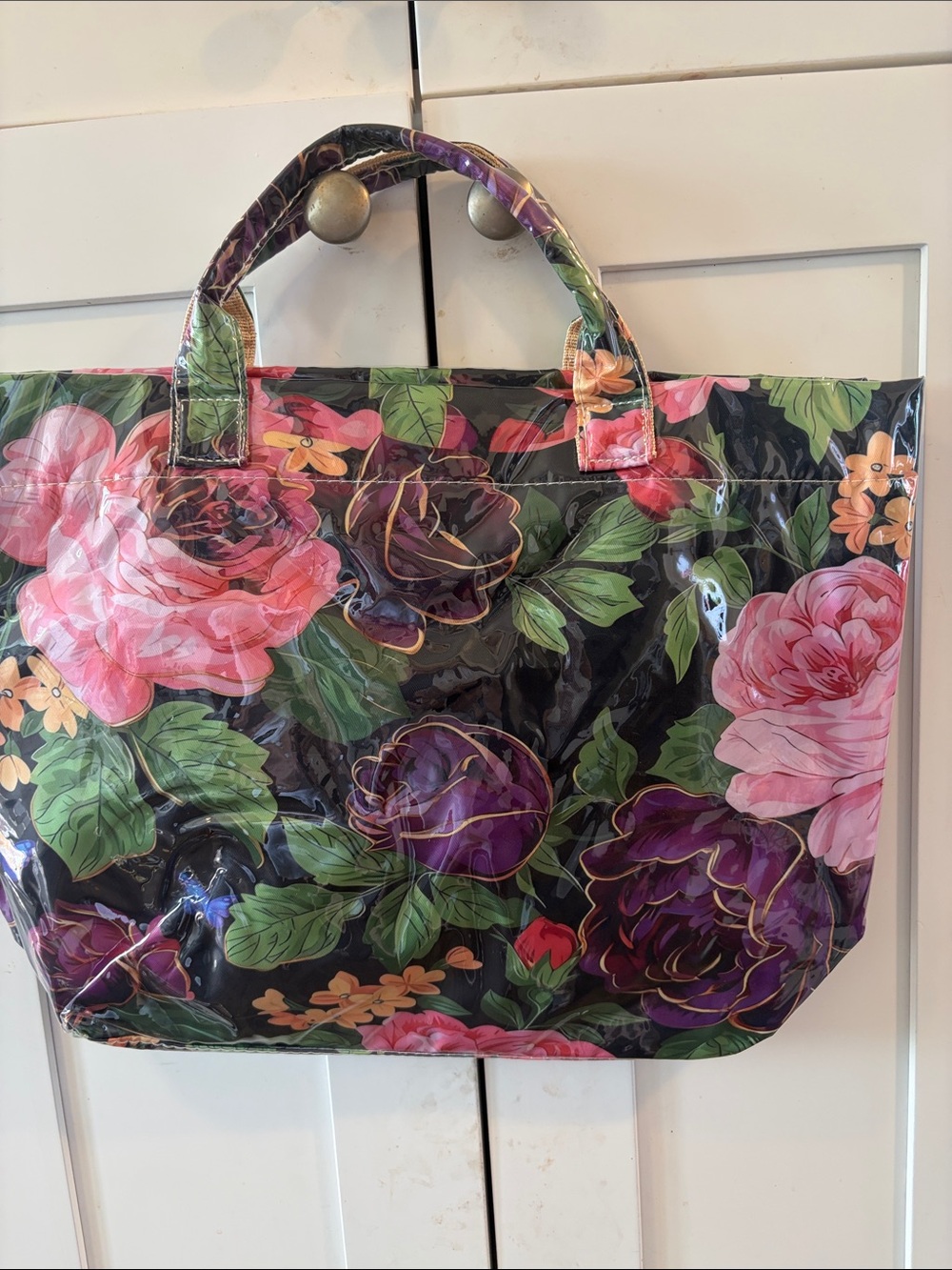 Glossy Black Floral Tote with Pink & Purple Roses Vinyl Bag New Gorgeous